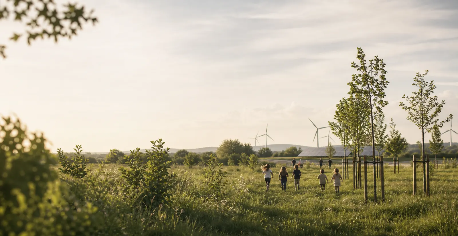 Children running through young trees with wind turbines and solar panels in the distance.