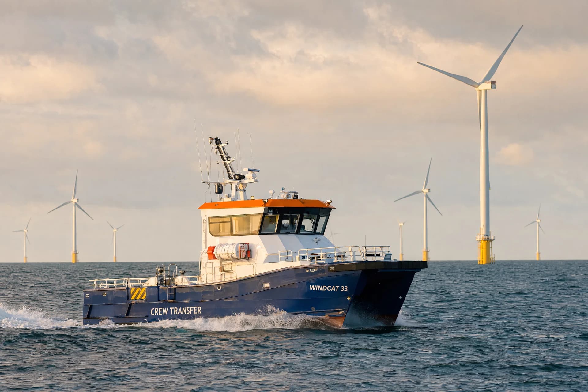 Blue and white crew-transfer catamaran passing offshore wind turbines in warm evening light.