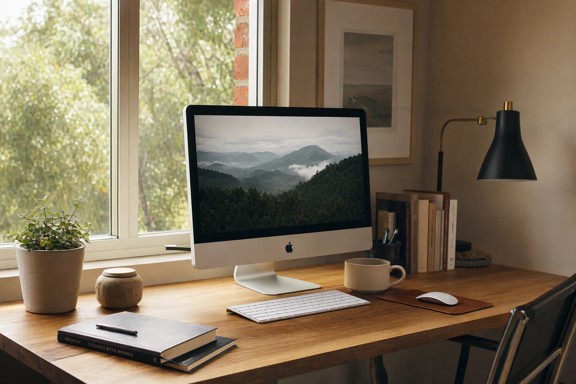 Desktop computer displaying a mountain landscape on a wooden desk beside a sunlit window.