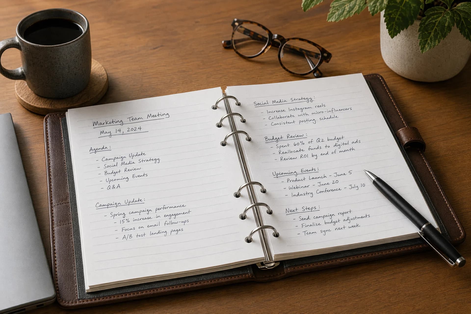Open leather ring binder with handwritten meeting notes, a pen and reading glasses on a wooden desk.