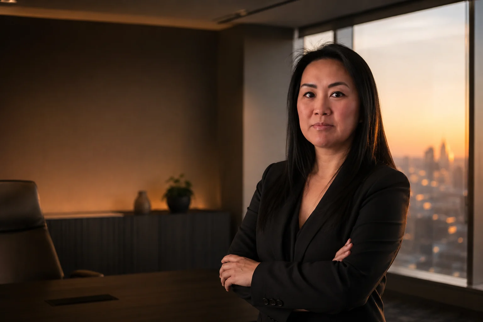 Kaia Lam, founder of Attenta Partners, standing with folded arms in a project office at dusk.
