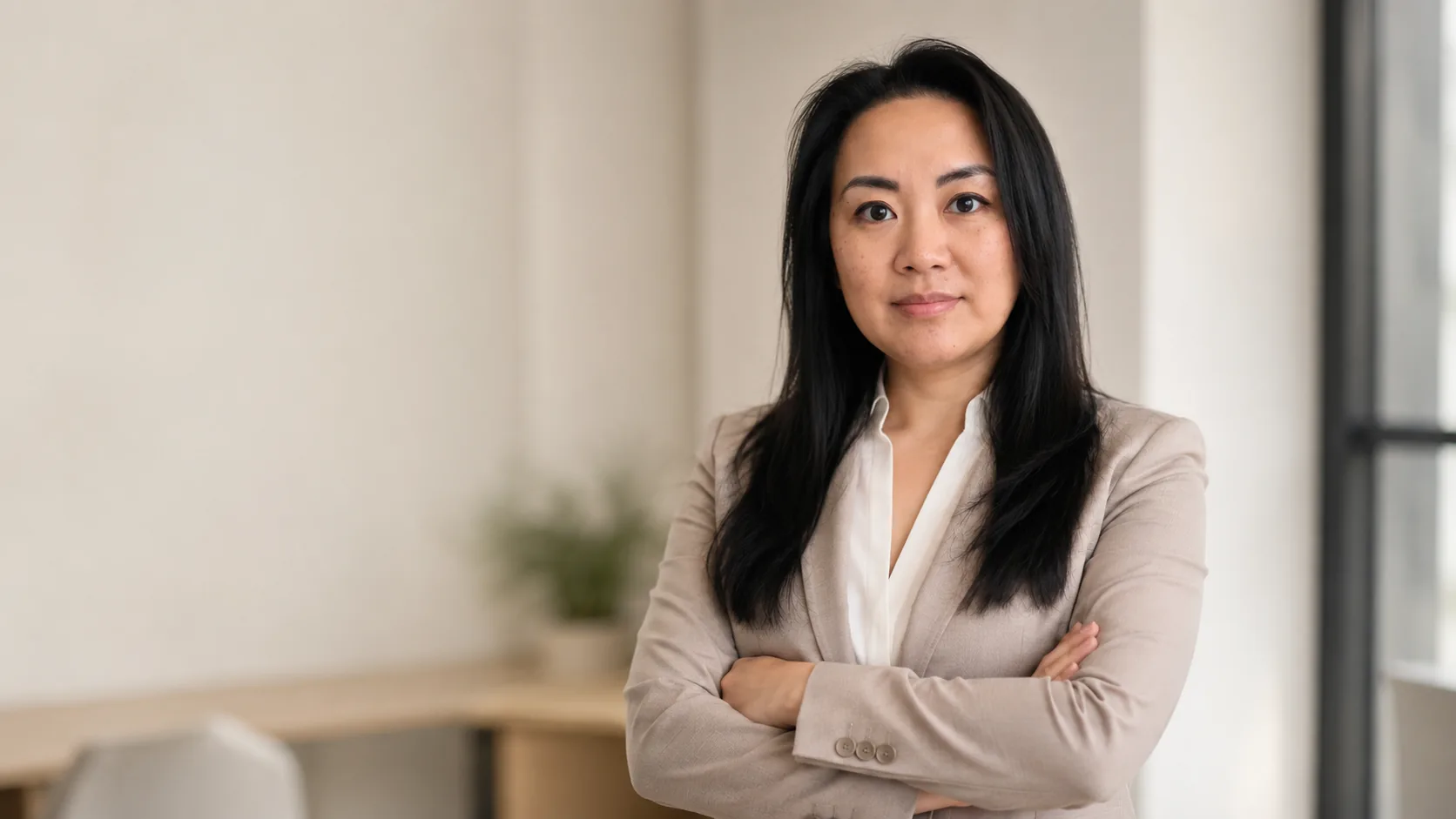 Kaia Lam, founder of Attenta Partners, standing in a bright office.