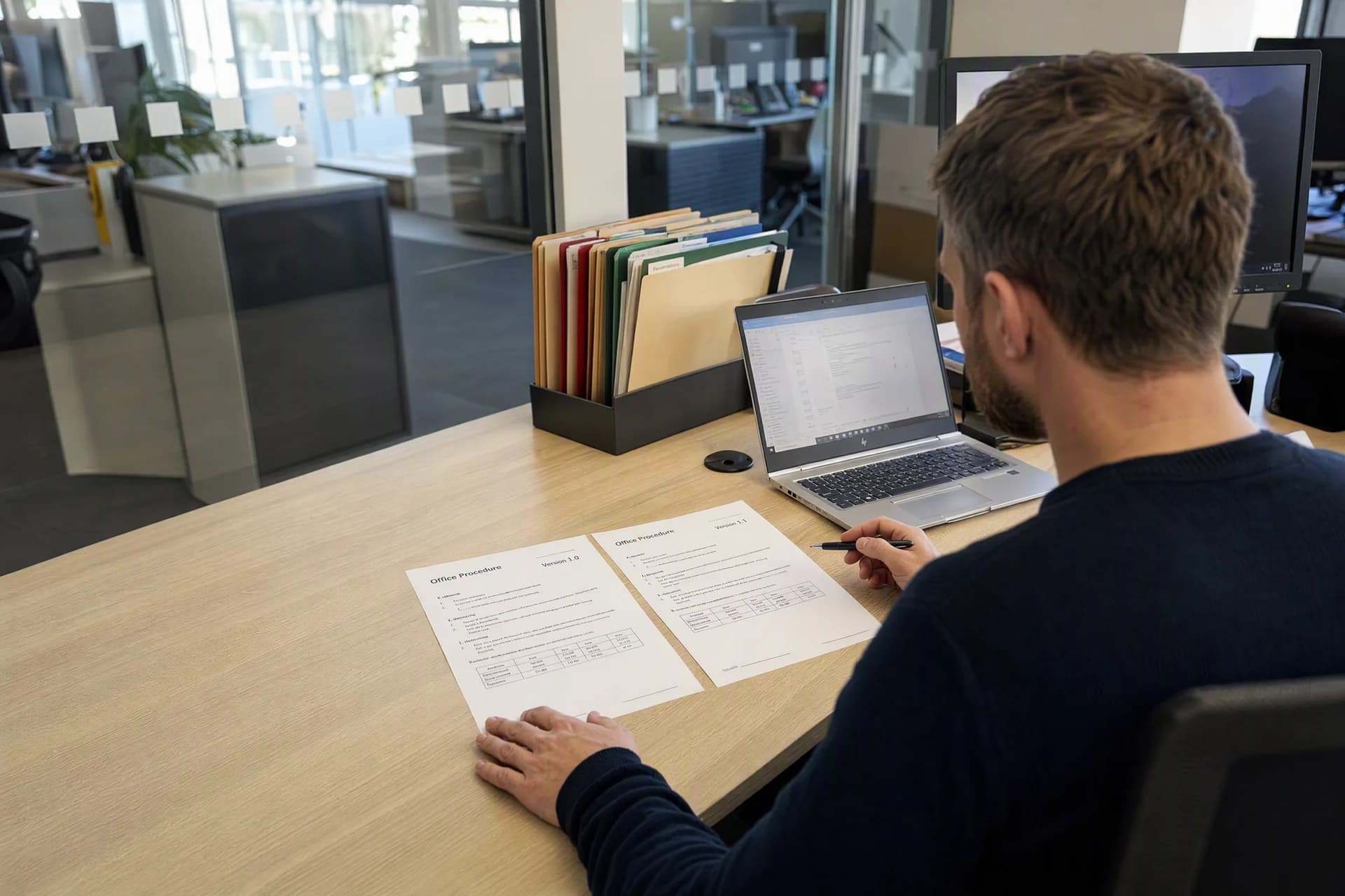 Colleague comparing two printed versions of an office procedure beside a laptop and tabbed folders.