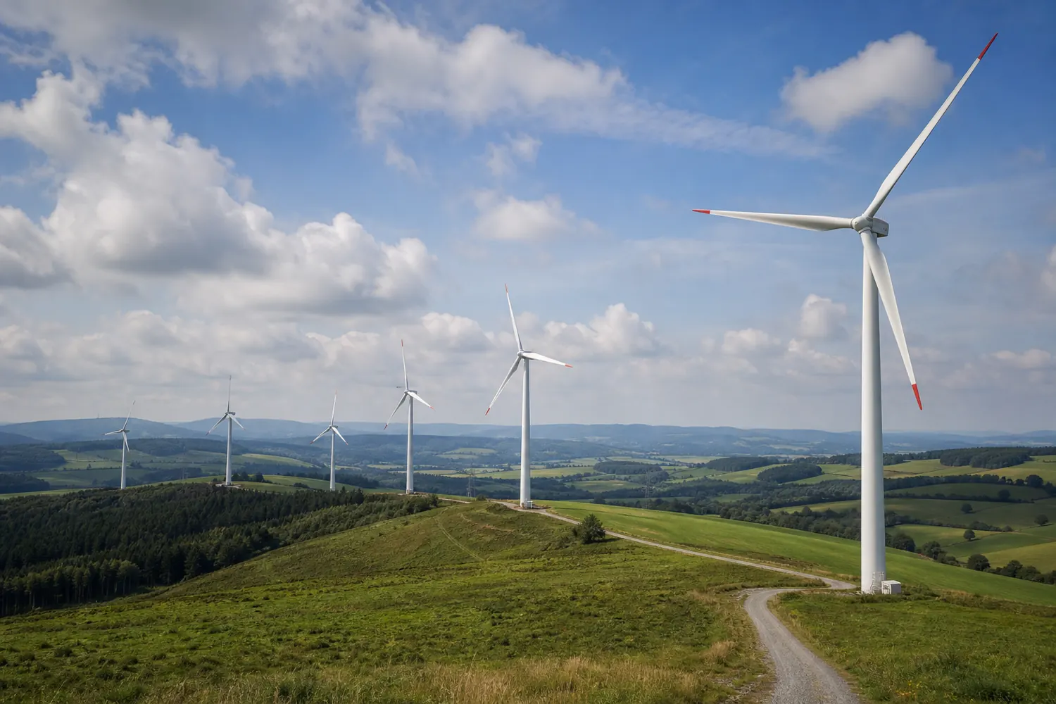 Onshore wind turbines across green rural hills, representing land-side renewable-energy project support.