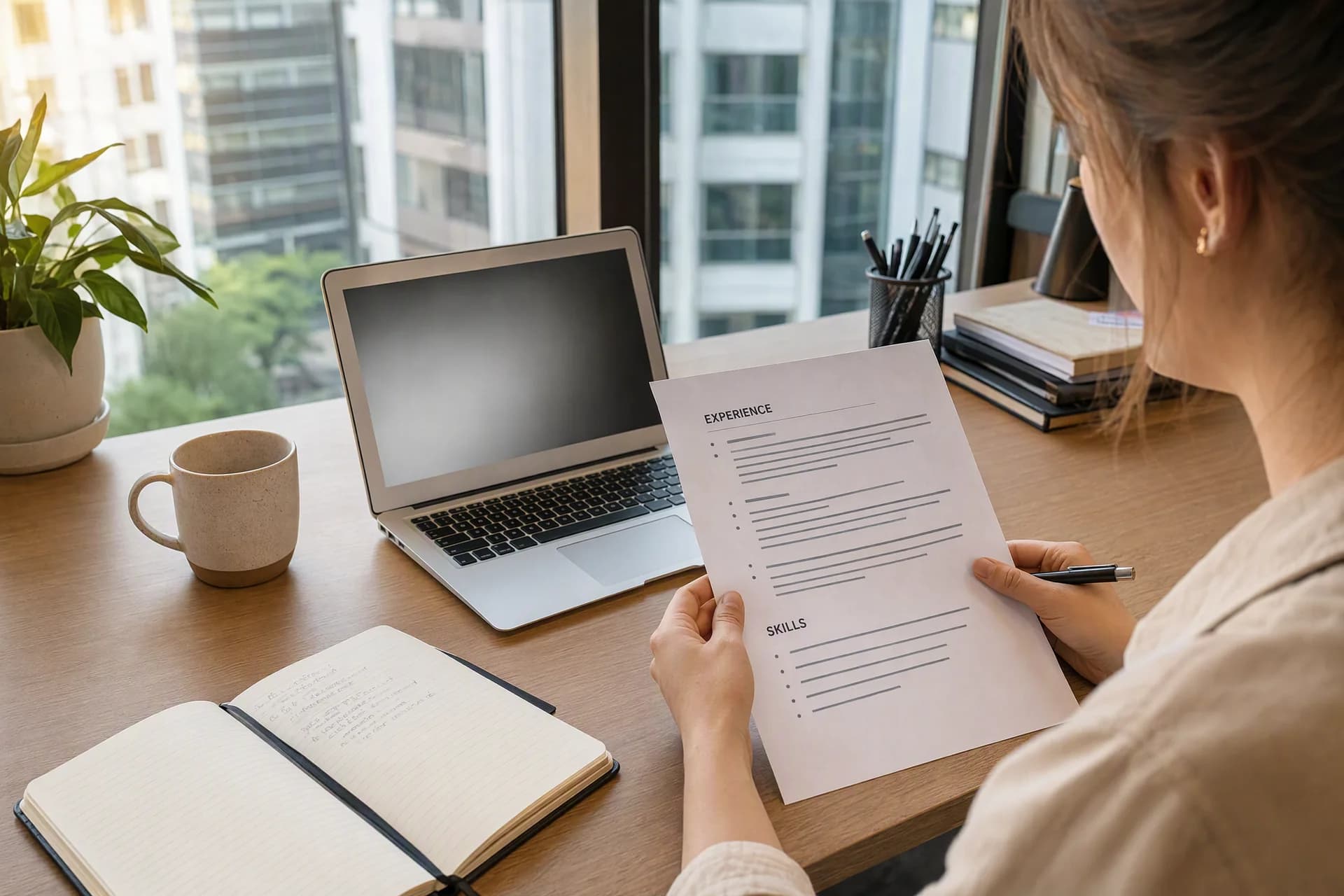 Person reviewing a printed CV beside a laptop and notebook at an office window.