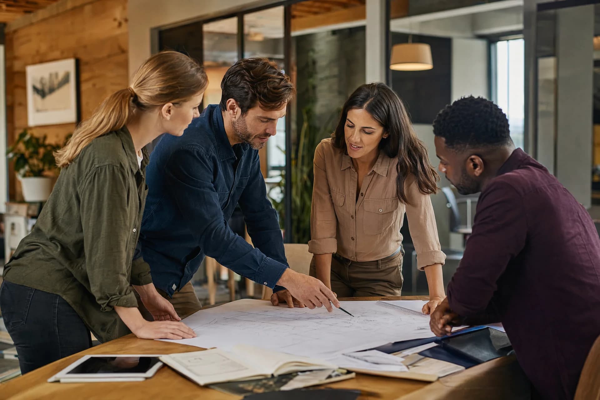 Four colleagues reviewing printed plans around a meeting table in a warmly lit office.