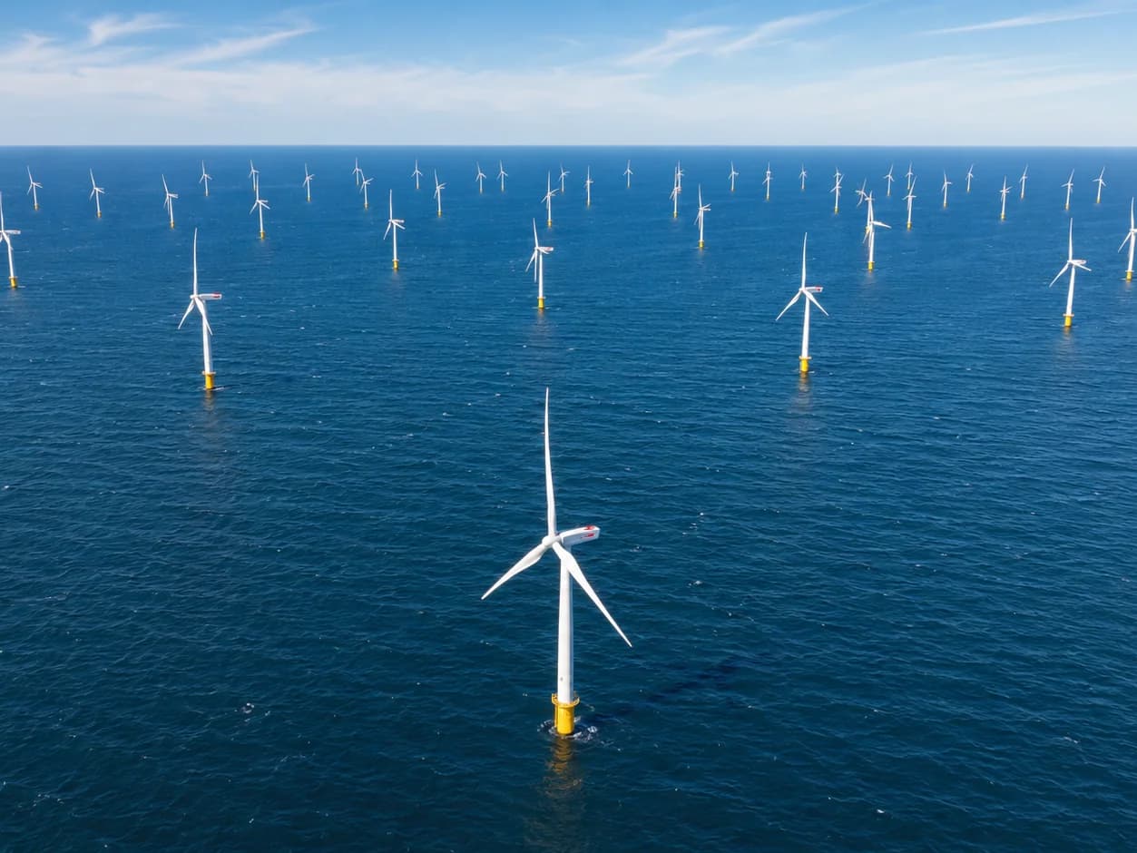 Aerial view of a UK North Sea offshore wind farm with rows of turbines aligned into the wind on yellow transition pieces, each rotor at a different blade angle.