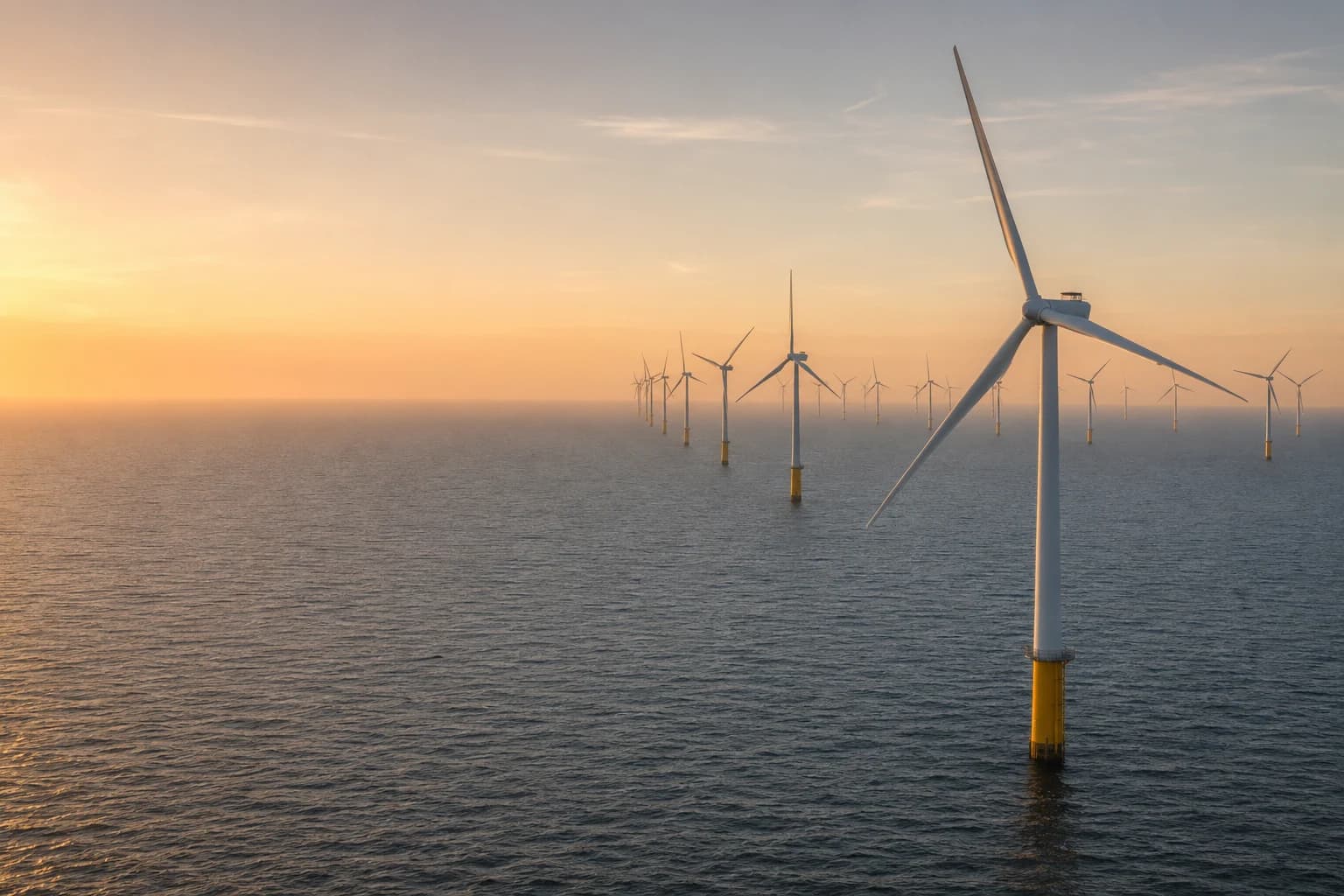 UK North Sea offshore wind farm at dusk, with the nearest turbine on a yellow transition piece and a single line of turbines receding into golden haze, representing project-office support for renewable-energy delivery teams.
