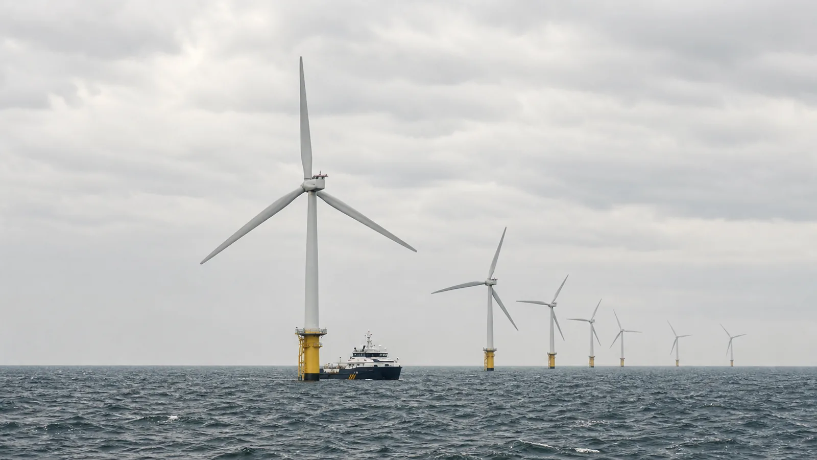 UK North Sea offshore wind farm with yellow transition pieces and a service vessel at sea, representing Outer Dowsing project-office support.