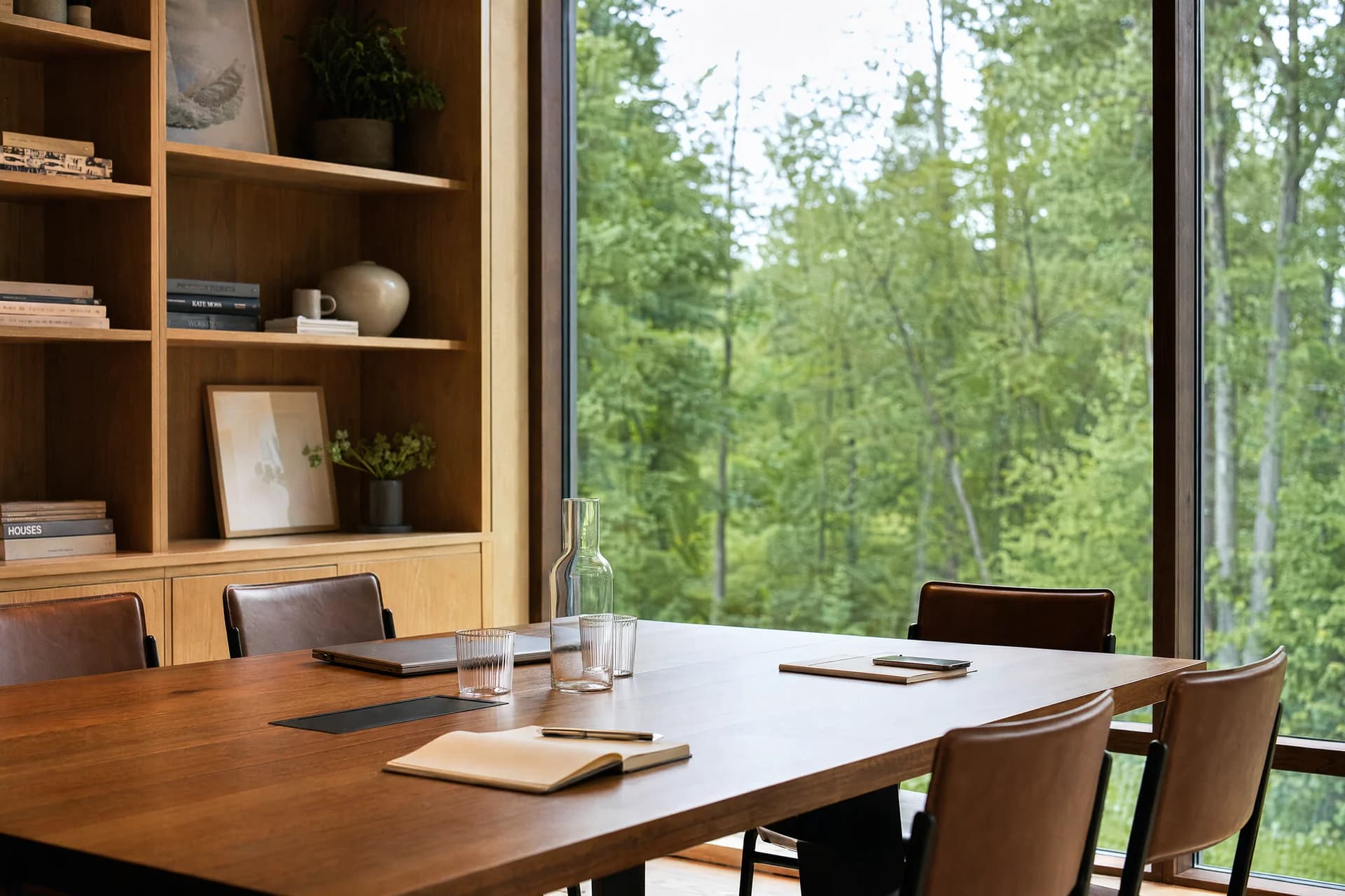 Wooden meeting table with notebooks and water glasses beside tall windows overlooking trees.